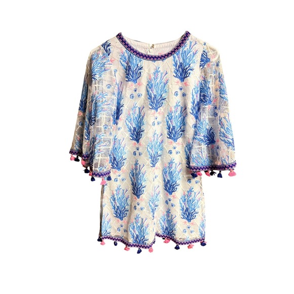 Lilly Pulitzer Pants - Lilly Pulitzer Jackelin Romper Seaspray Gray Off Shore Lace Tassel White Blue 0